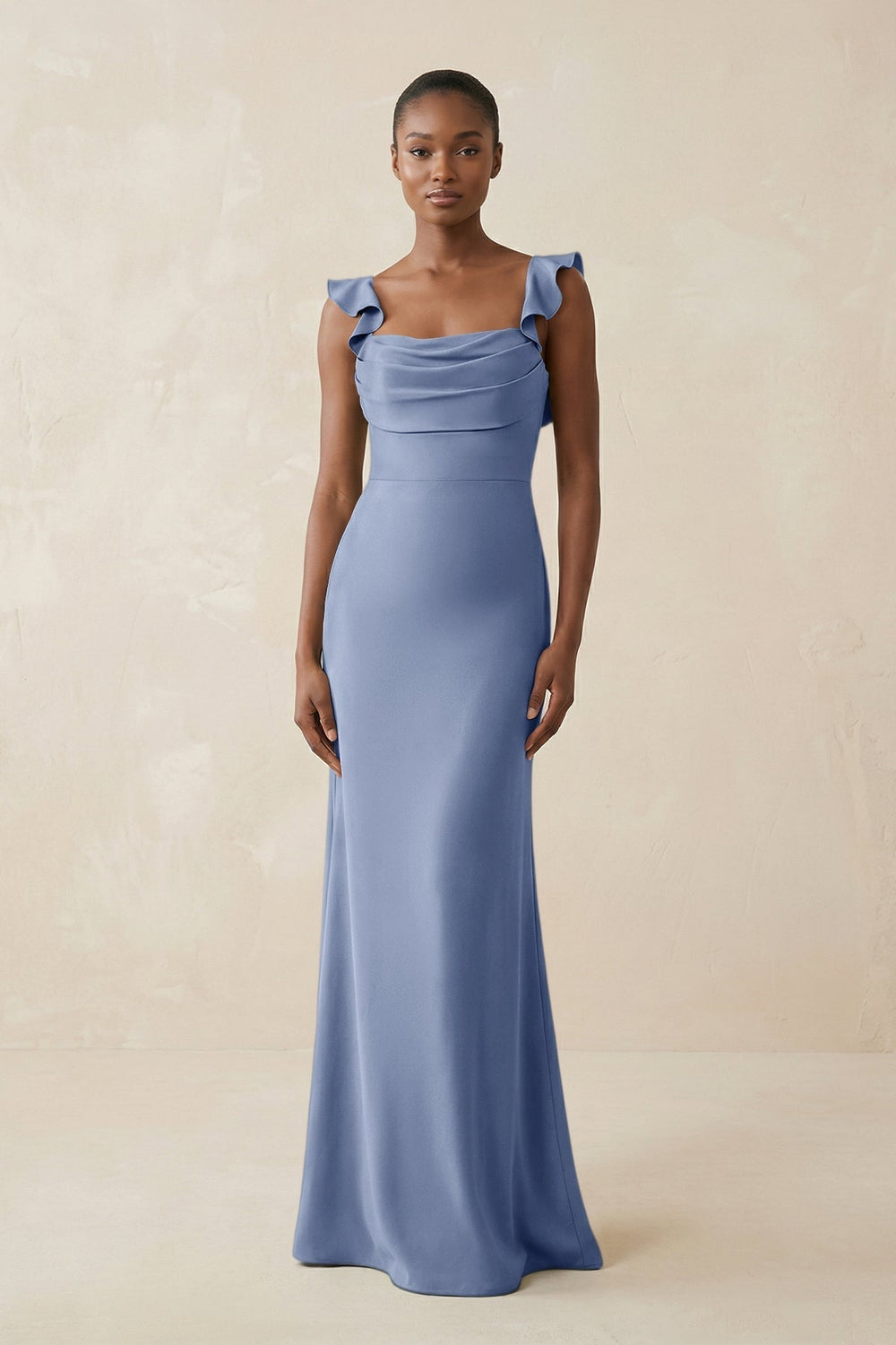 Ruffled Sleeve Sheath Satin Bridesmaid Dress in Mist