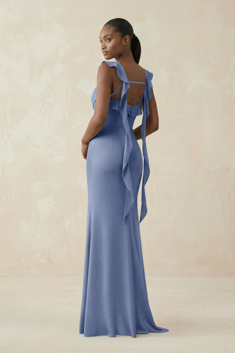 Ruffled Sleeve Sheath Satin Bridesmaid Dress in Mist