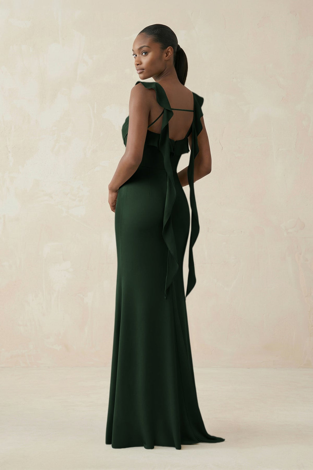 Ruffled Sleeve Sheath Satin Bridesmaid Dress in Moss