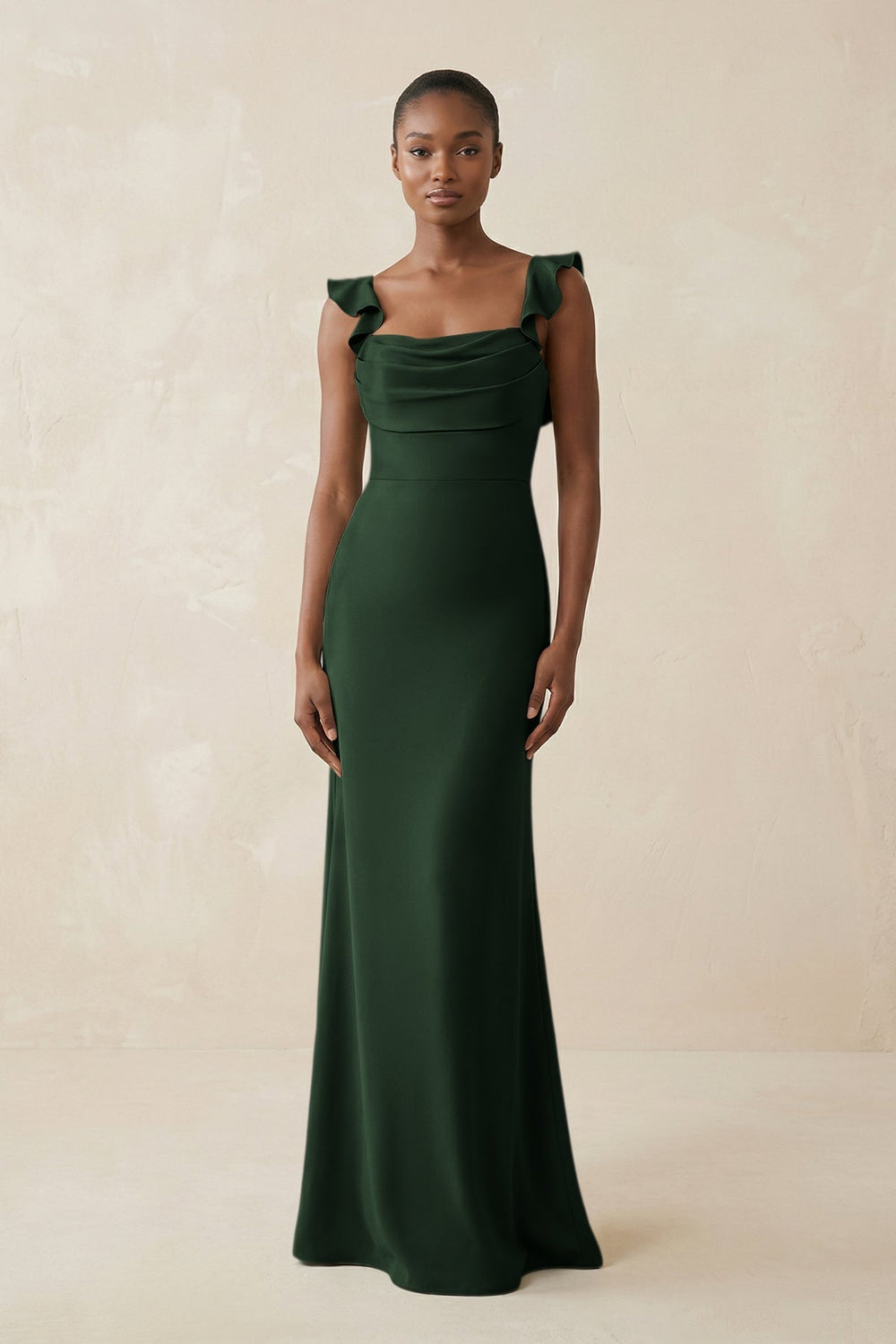 Ruffled Sleeve Sheath Satin Bridesmaid Dress in Moss