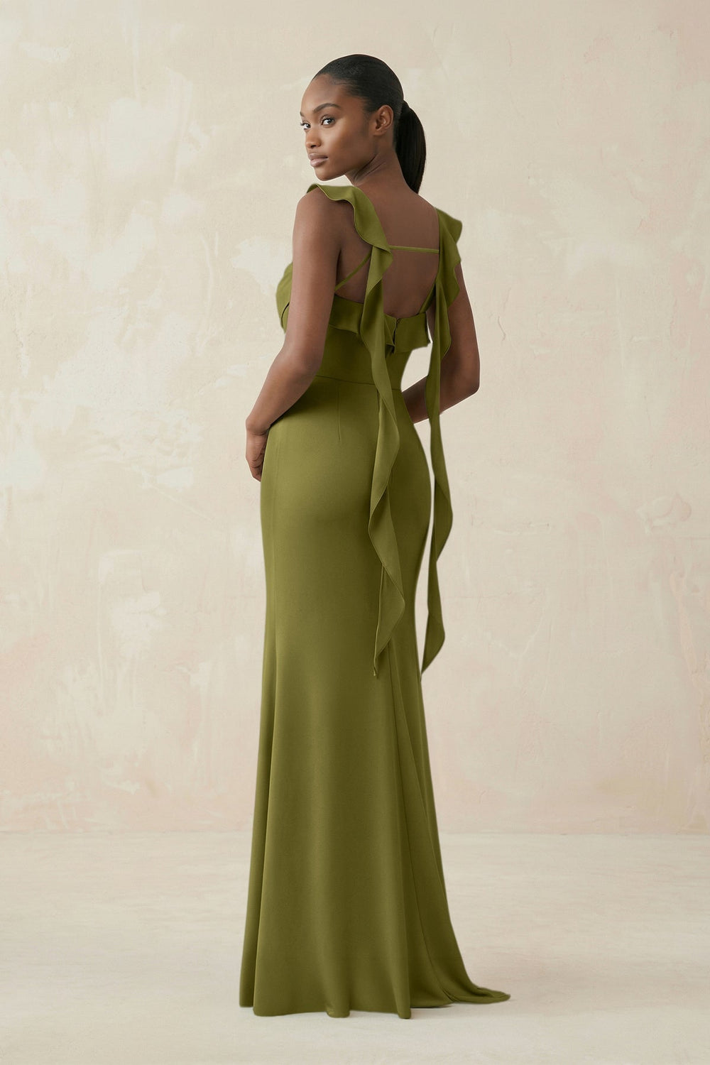 Ruffled Sleeve Sheath Satin Bridesmaid Dress in Moss Green