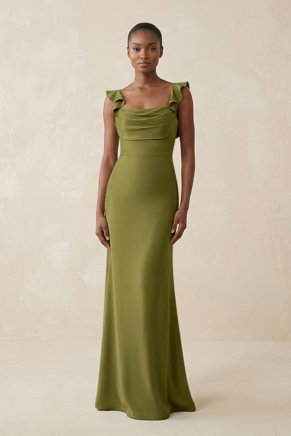 Ruffled Sleeve Sheath Satin Bridesmaid Dress in Moss Green