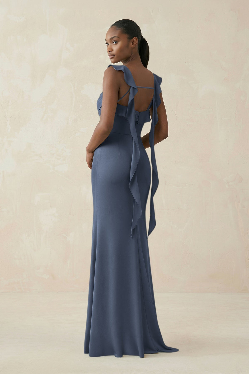 Ruffled Sleeve Sheath Satin Bridesmaid Dress in Neptune
