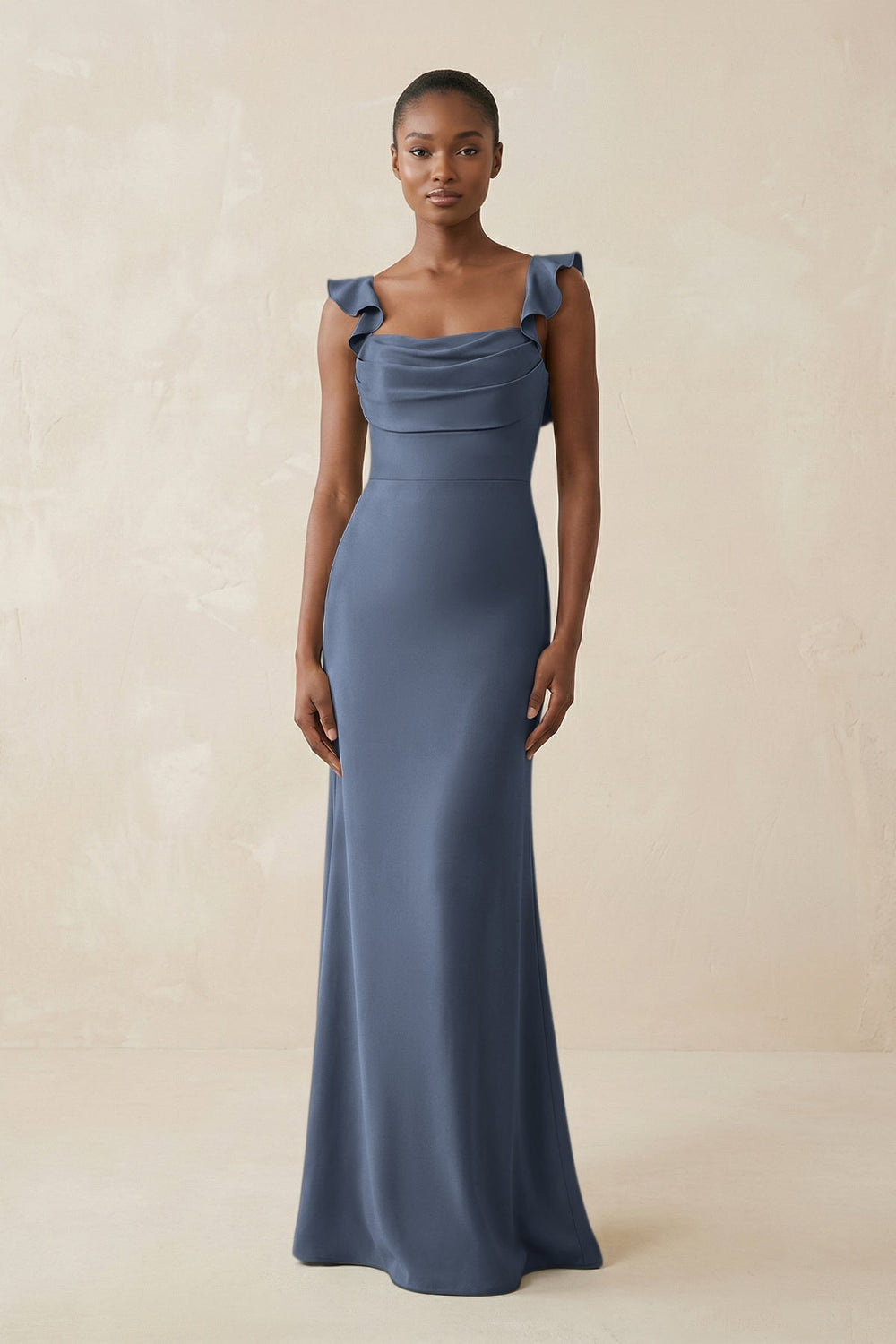 Ruffled Sleeve Sheath Satin Bridesmaid Dress in Neptune