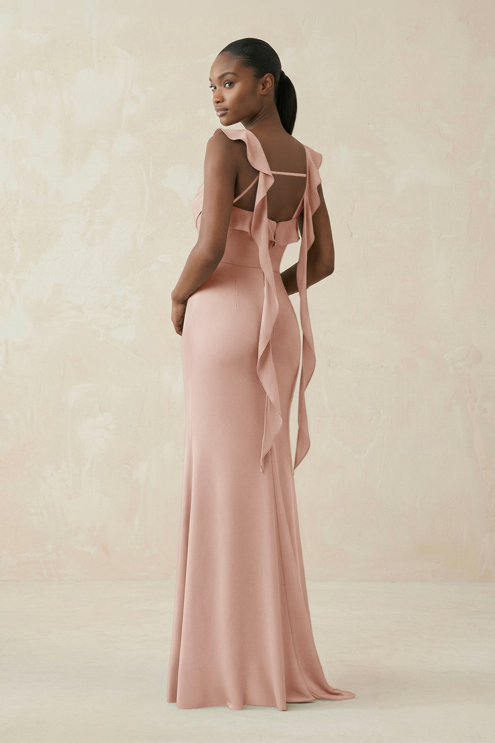 Ruffled Sleeve Sheath Satin Bridesmaid Dress in Pale Blush