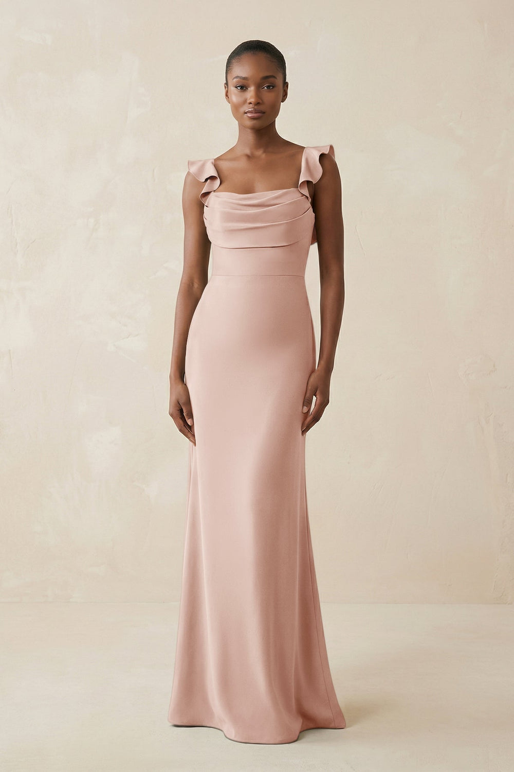 Ruffled Sleeve Sheath Satin Bridesmaid Dress in Pale Blush