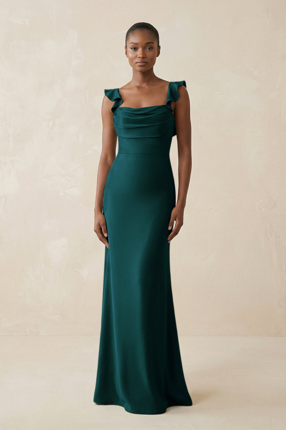 Ruffled Sleeve Sheath Satin Bridesmaid Dress in Pine