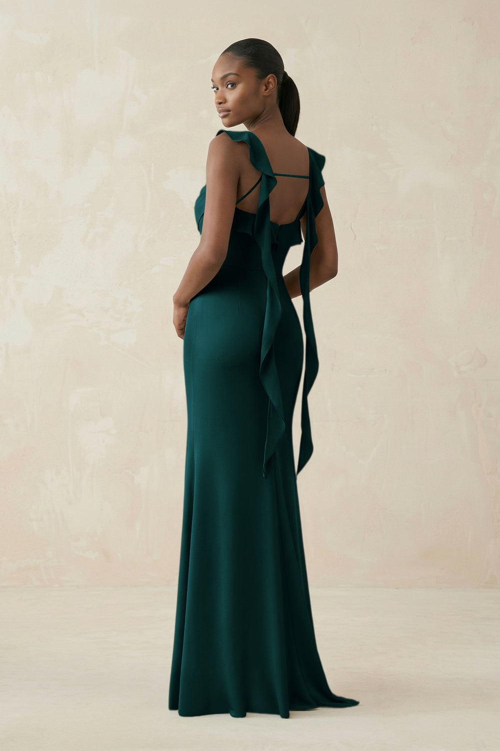 Ruffled Sleeve Sheath Satin Bridesmaid Dress in Pine