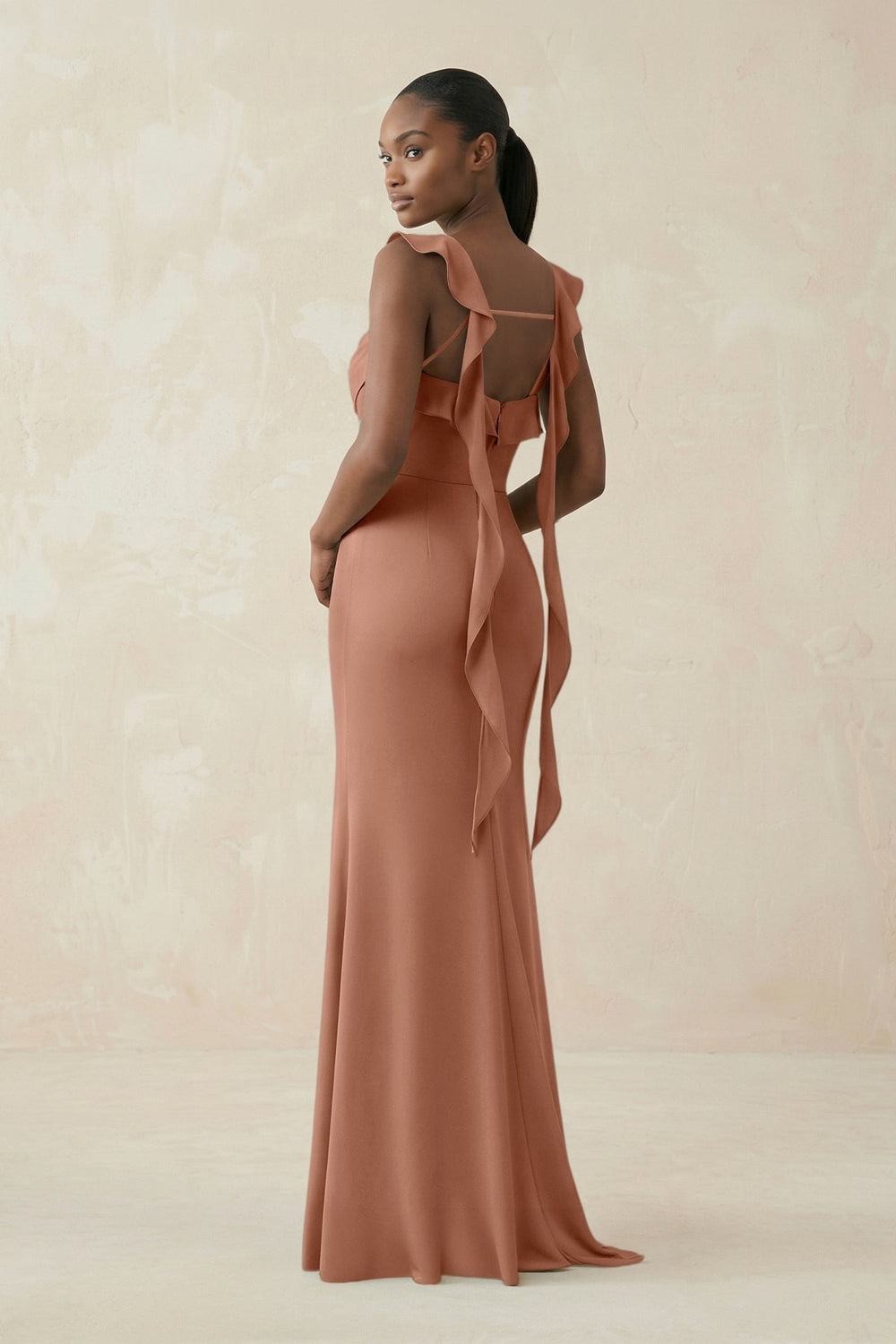 Ruffled Sleeve Sheath Satin Bridesmaid Dress in Rosette