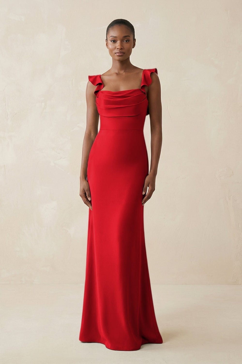 Ruffled Sleeve Sheath Satin Bridesmaid Dress in Ruby Red