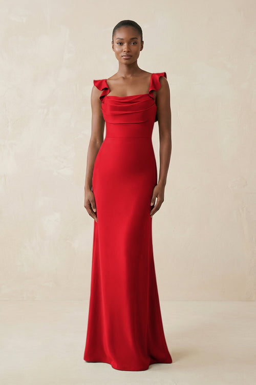 Ruffled Sleeve Sheath Satin Bridesmaid Dress in Ruby Red - KISS BRIDAL Bridesmaid Dresses
