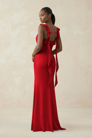 Ruffled Sleeve Sheath Satin Bridesmaid Dress in Ruby Red - KISS BRIDAL Bridesmaid Dresses