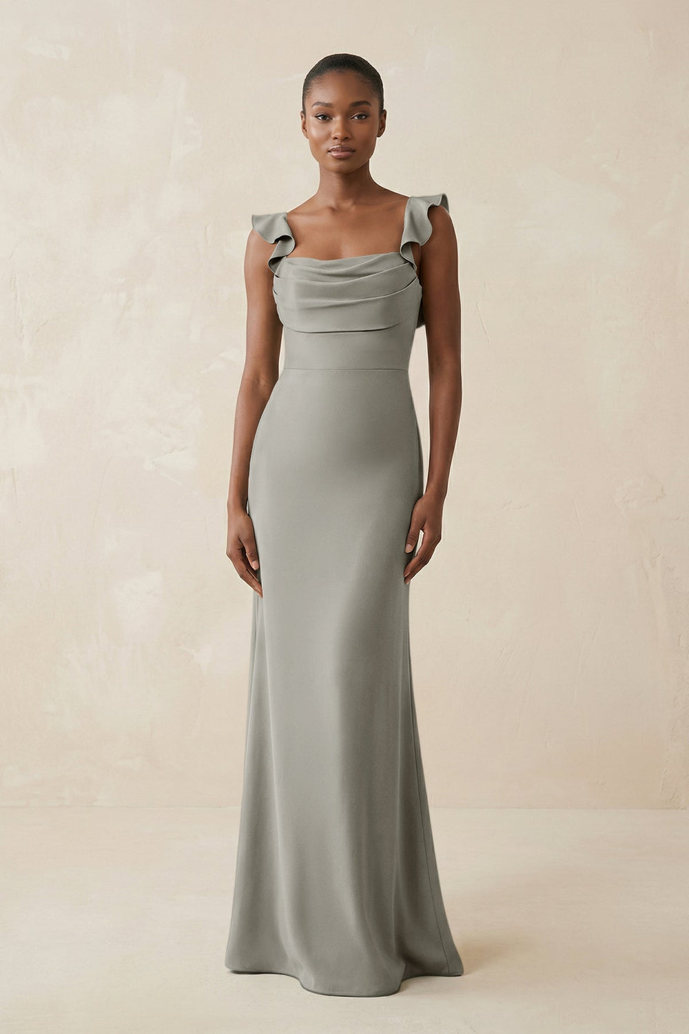 Ruffled Sleeve Sheath Satin Bridesmaid Dress in Silver