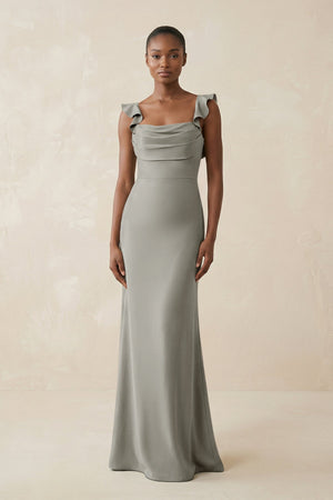 Ruffled Sleeve Sheath Satin Bridesmaid Dress in Silver - KISS BRIDAL Bridesmaid Dresses