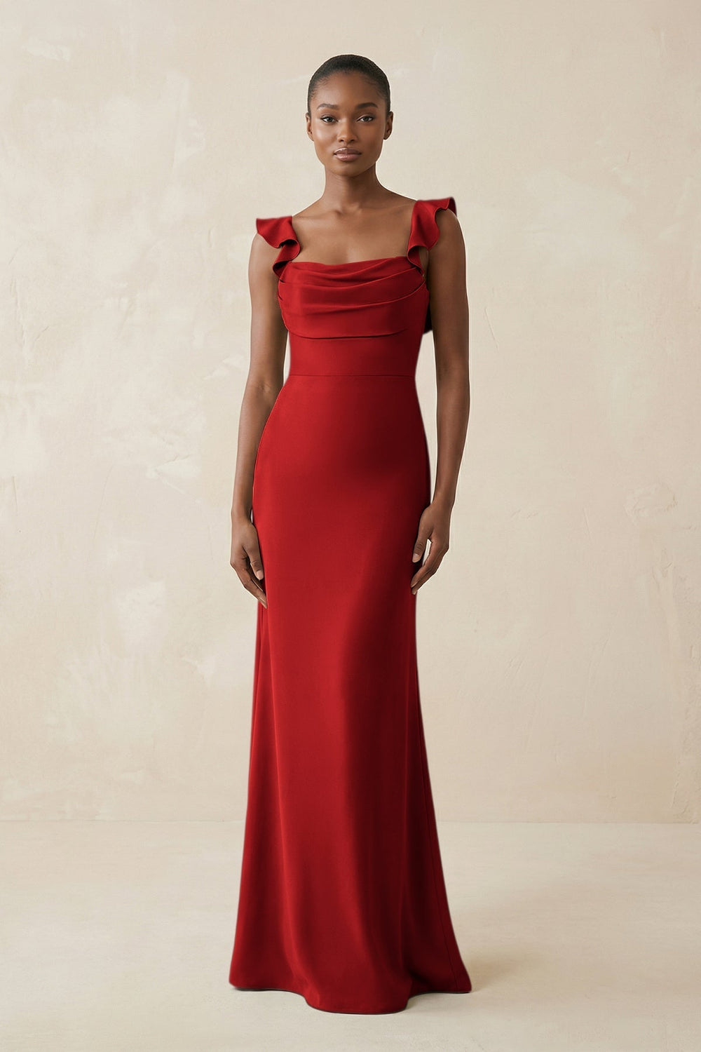 Ruffled Sleeve Sheath Satin Bridesmaid Dress in Spice