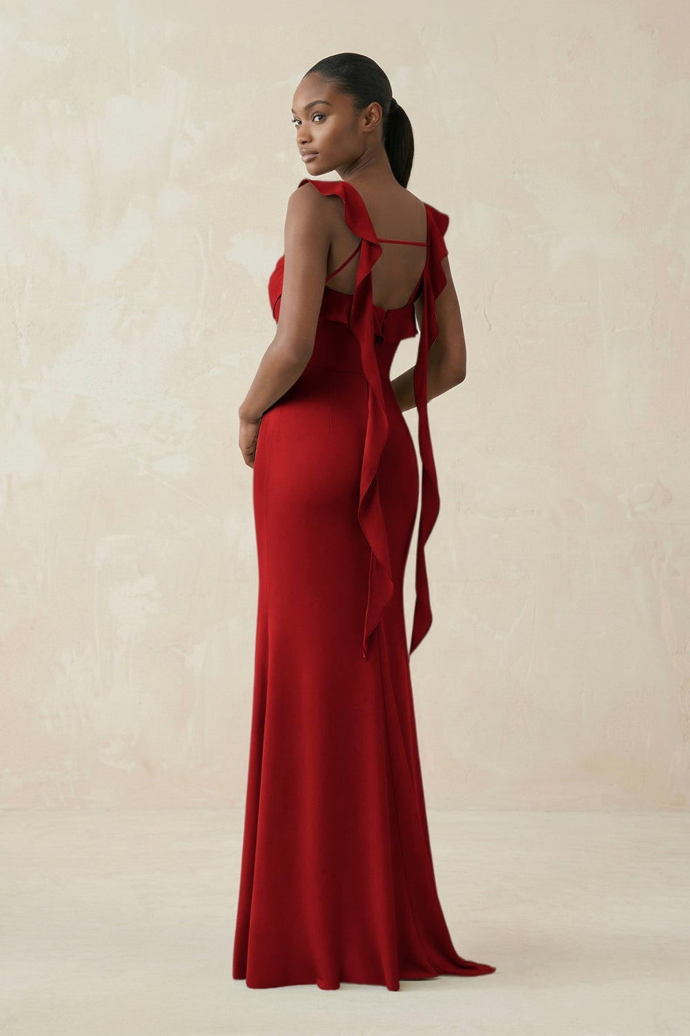 Ruffled Sleeve Sheath Satin Bridesmaid Dress in Spice