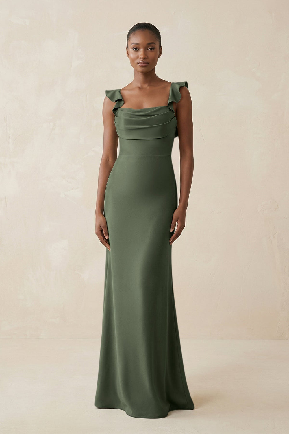 Ruffled Sleeve Sheath Satin Bridesmaid Dress in Thyme