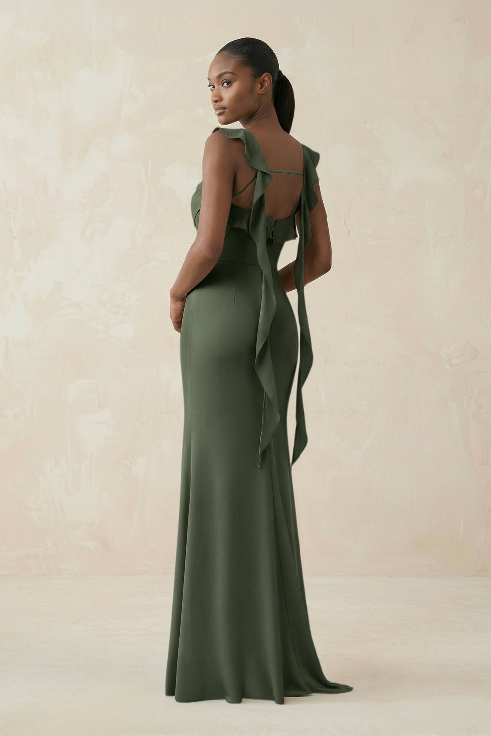 Ruffled Sleeve Sheath Satin Bridesmaid Dress in Thyme