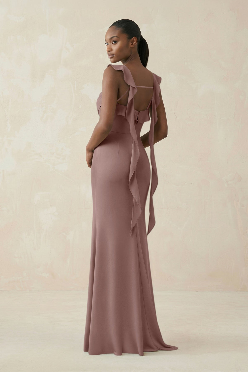 Ruffled Sleeve Sheath Satin Bridesmaid Dress in Toffee