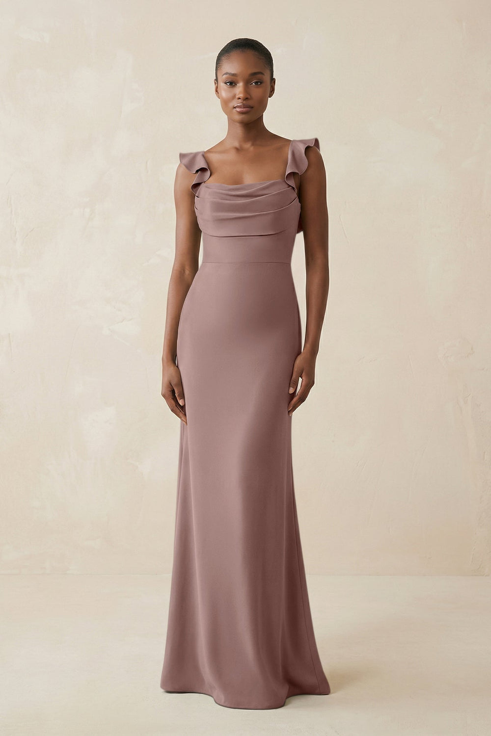 Ruffled Sleeve Sheath Satin Bridesmaid Dress in Toffee