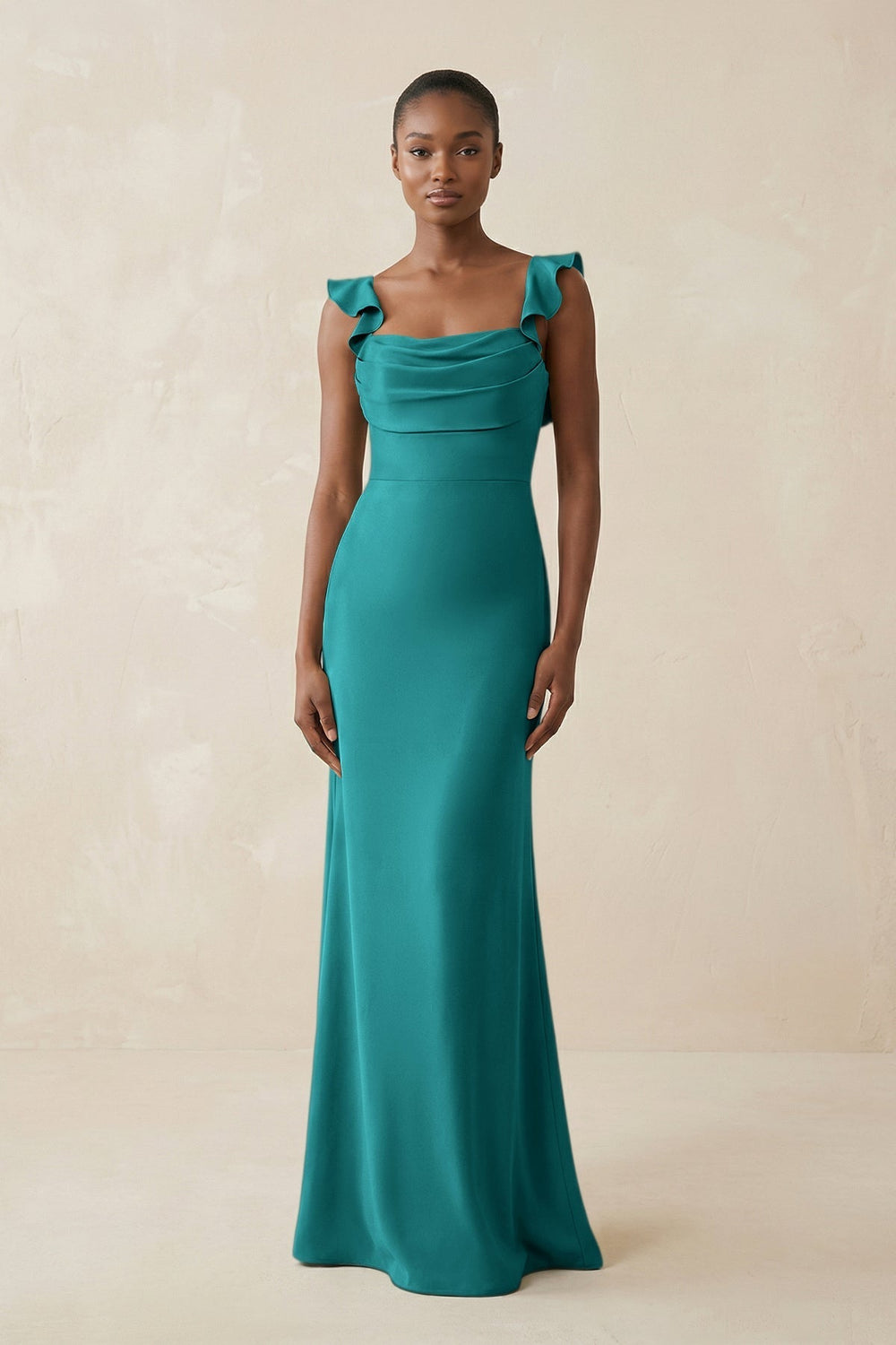 Ruffled Sleeve Sheath Satin Bridesmaid Dress in Turquoise