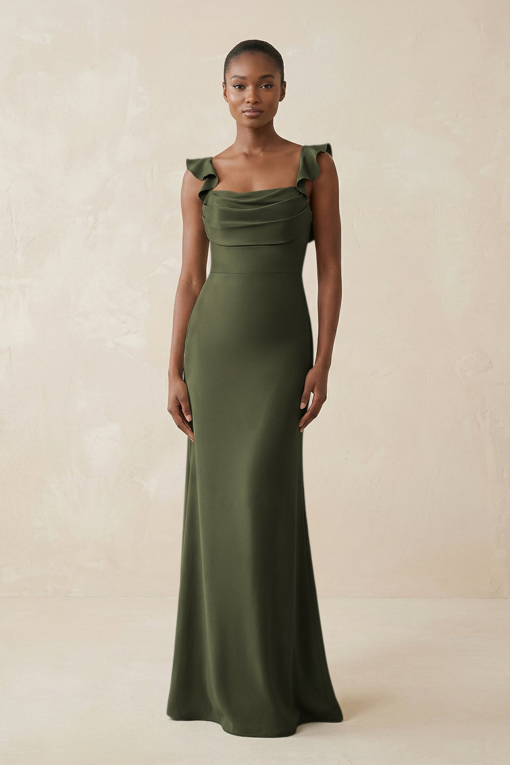 Ruffled Sleeve Sheath Satin Bridesmaid Dress in Willow Green