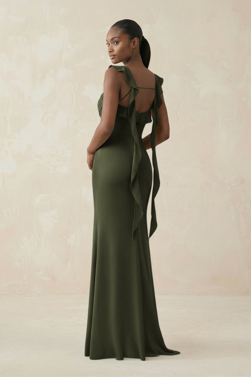 Ruffled Sleeve Sheath Satin Bridesmaid Dress in Willow Green