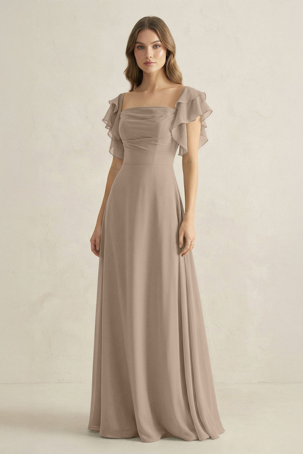 Ruffled Sleeves A-Line Chiffon Bridesmaid Dress in Almond