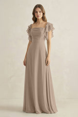 Ruffled Sleeves A-Line Chiffon Bridesmaid Dress in Almond - KISS BRIDAL BRIDESMAID DRESSES