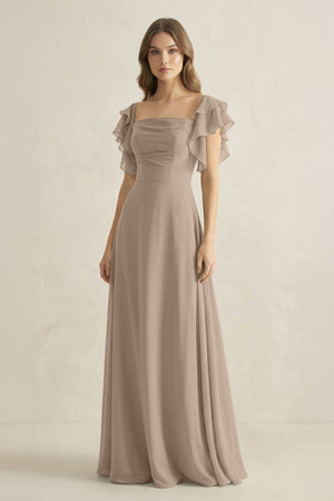 Ruffled Sleeves A-Line Chiffon Bridesmaid Dress in Almond - KISS BRIDAL BRIDESMAID DRESSES
