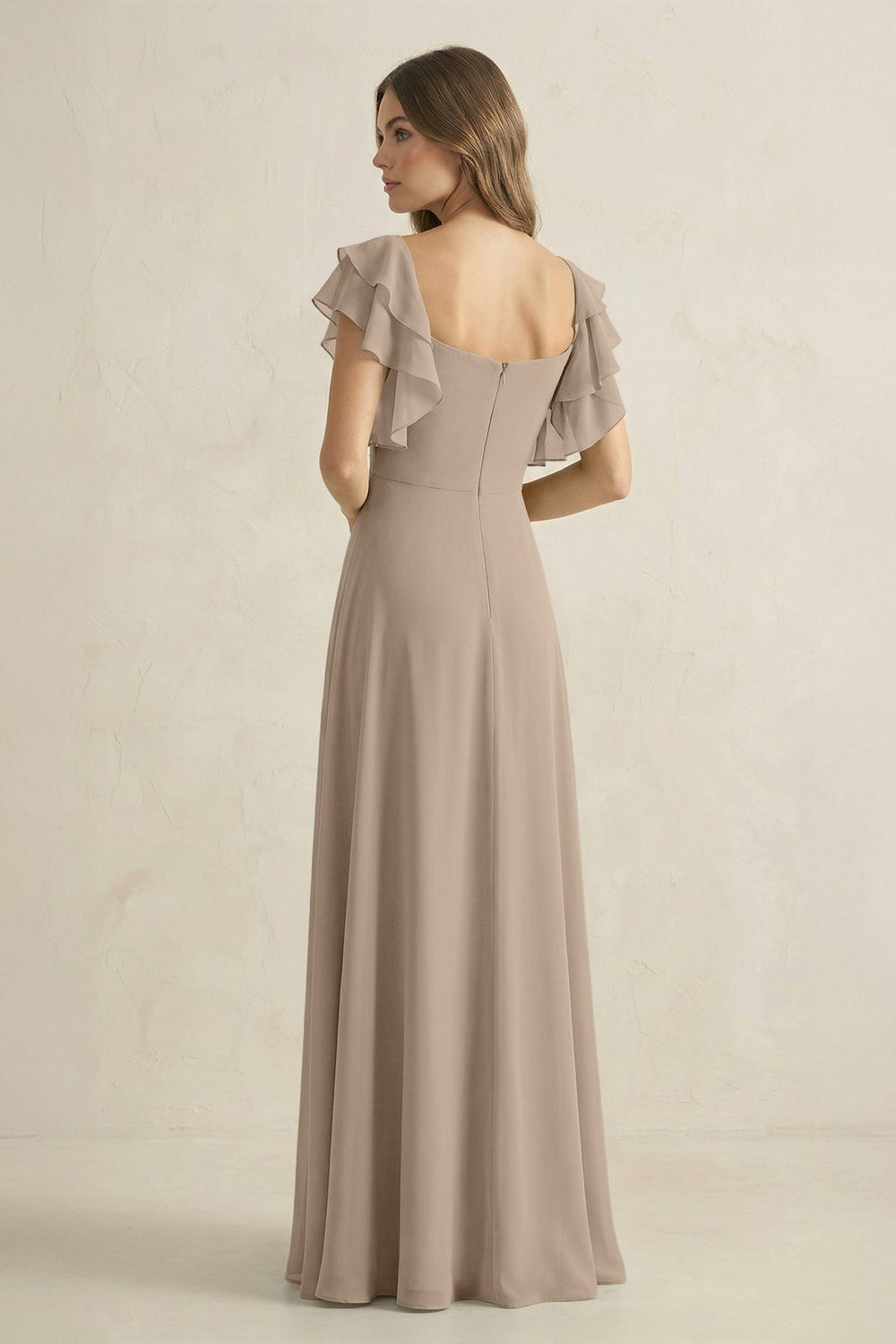 Ruffled Sleeves A-Line Chiffon Bridesmaid Dress in Almond