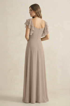 Ruffled Sleeves A-Line Chiffon Bridesmaid Dress in Almond - KISS BRIDAL BRIDESMAID DRESSES