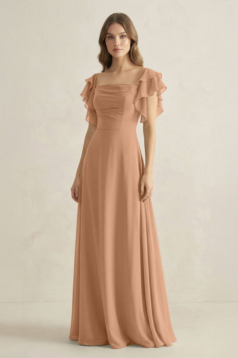 Ruffled Sleeves A-Line Chiffon Bridesmaid Dress in Bronzer