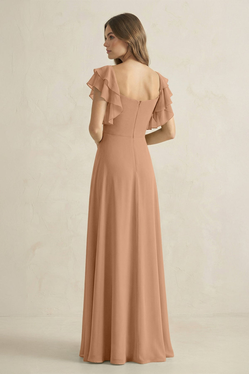 Ruffled Sleeves A-Line Chiffon Bridesmaid Dress in Bronzer