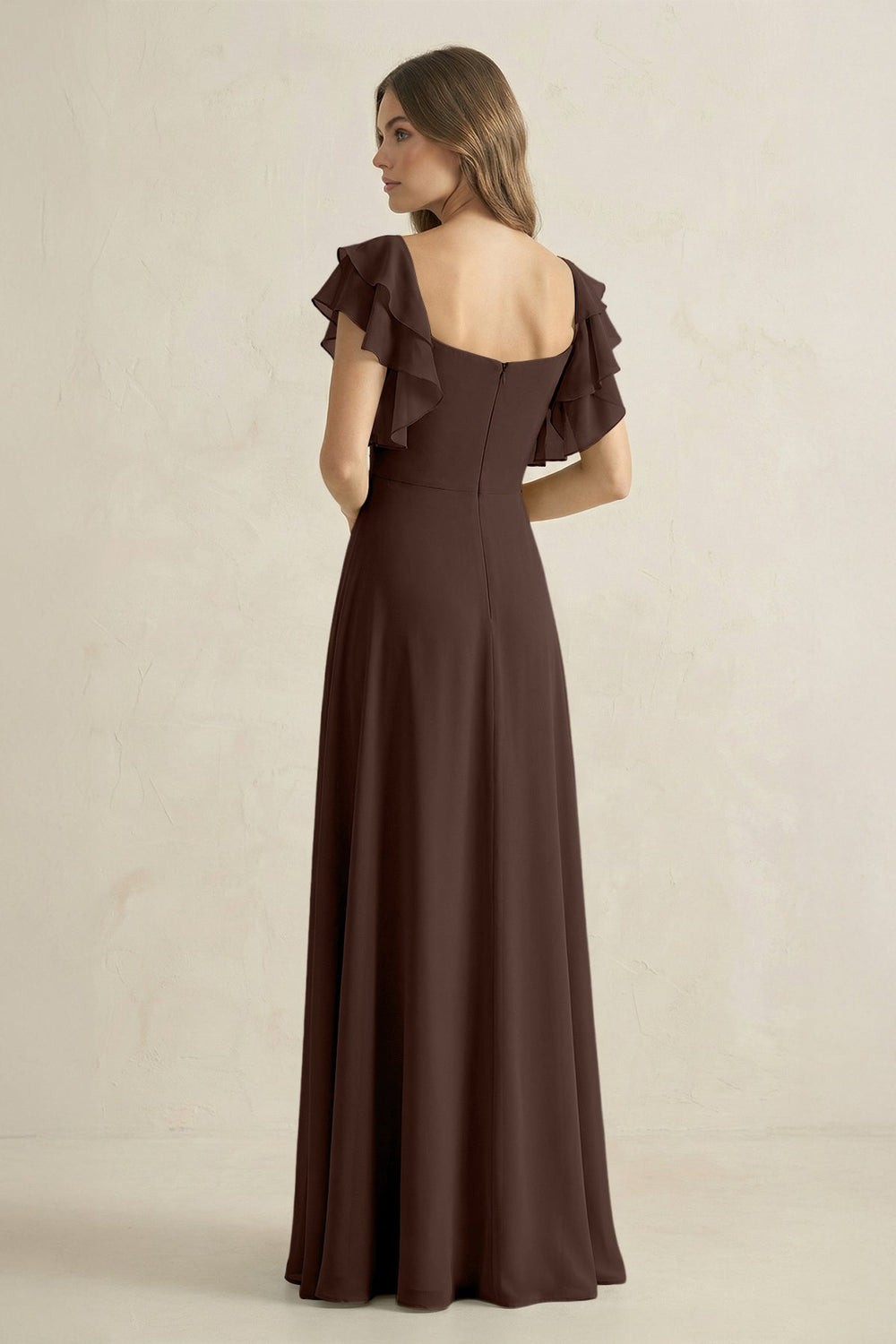 Ruffled Sleeves A-Line Chiffon Bridesmaid Dress in Espresso