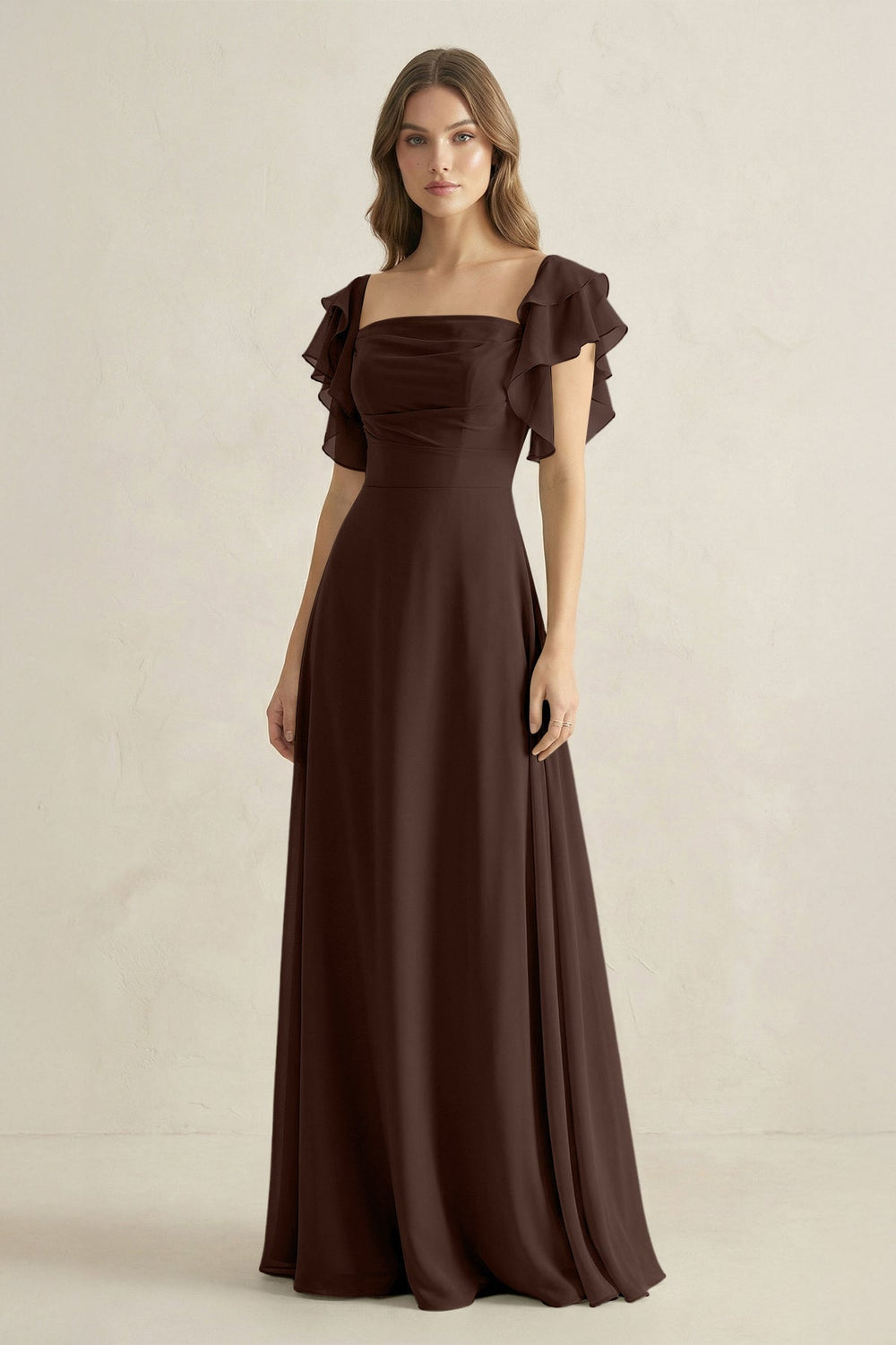 Ruffled Sleeves A-Line Chiffon Bridesmaid Dress in Espresso