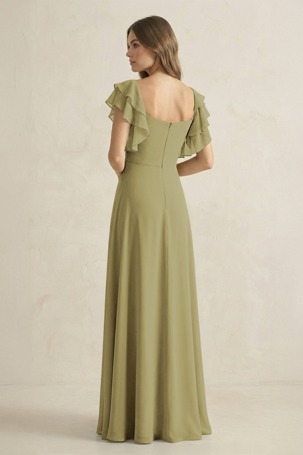 Ruffled Sleeves A-Line Chiffon Bridesmaid Dress in Moss Green