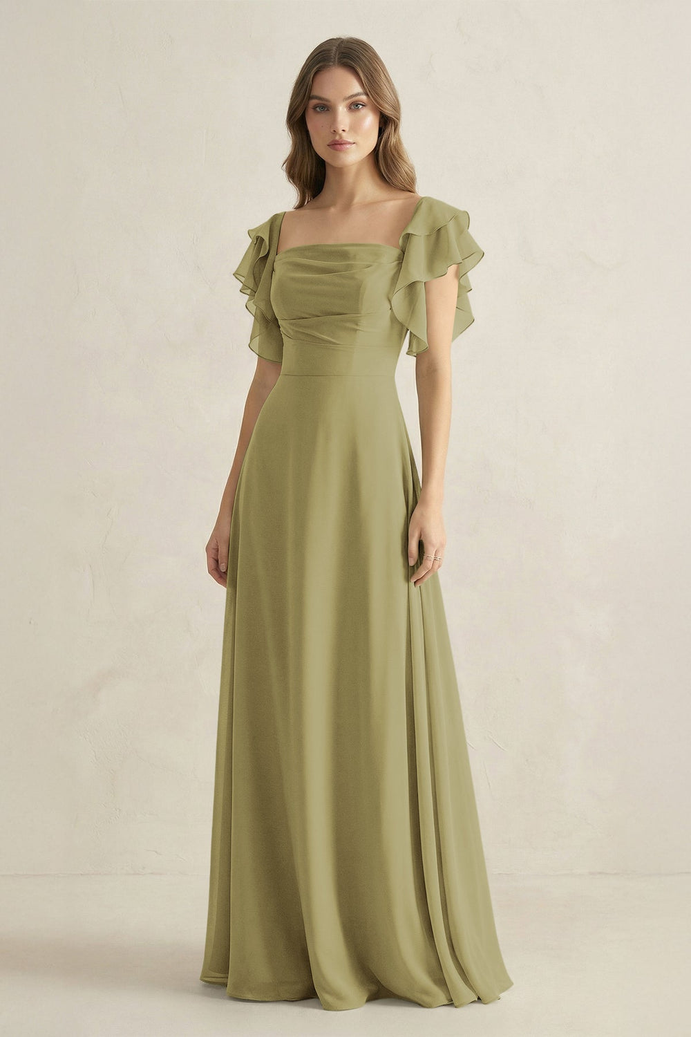 Ruffled Sleeves A-Line Chiffon Bridesmaid Dress in Moss Green