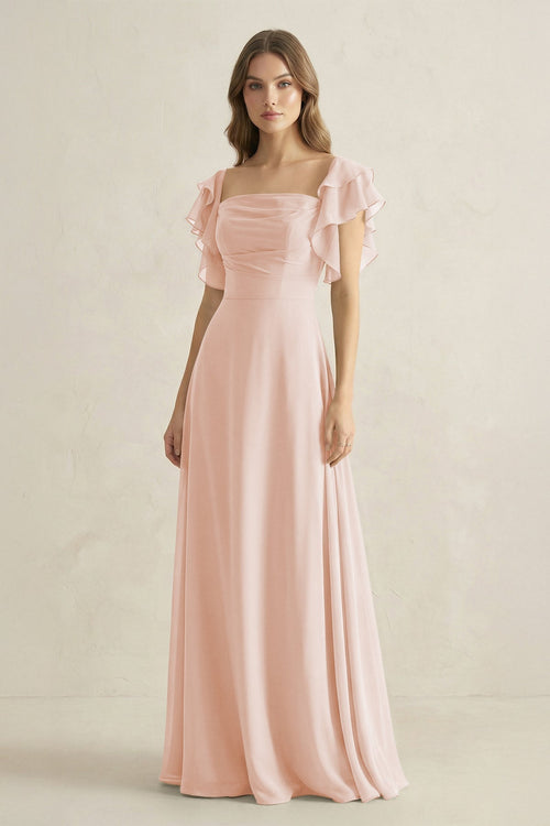 Ruffled Sleeves A-Line Chiffon Bridesmaid Dress in Pale Blush - KISS BRIDAL BRIDESMAID DRESSES