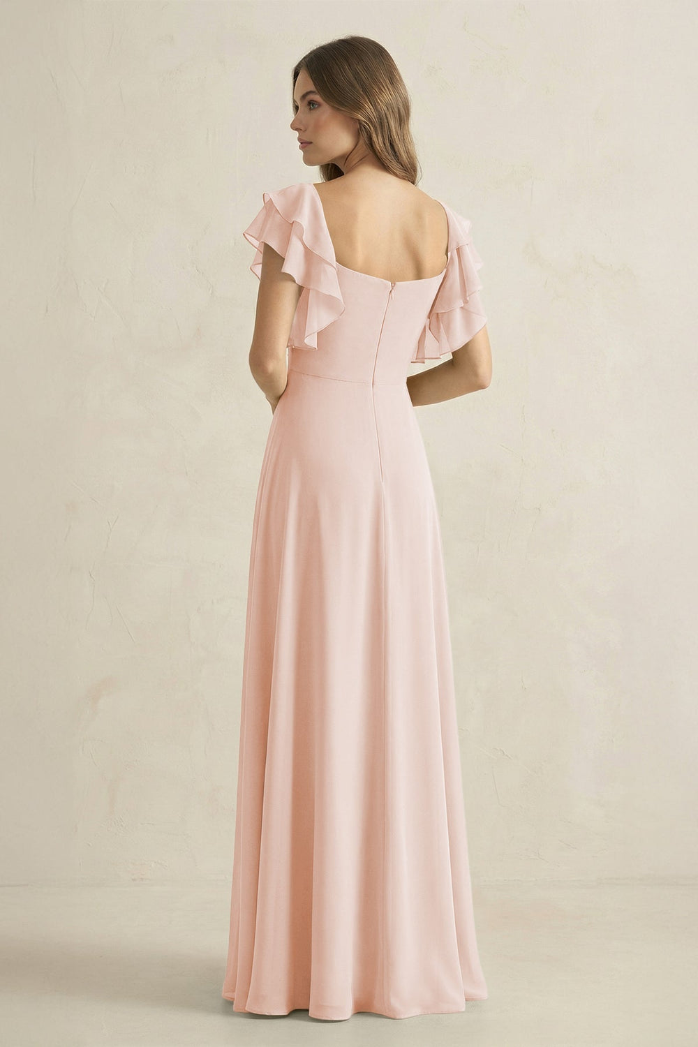 Ruffled Sleeves A-Line Chiffon Bridesmaid Dress in Pale Blush