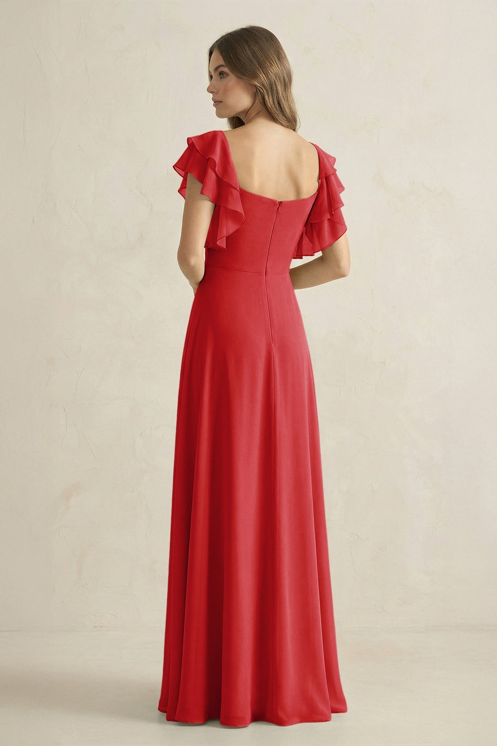 Ruffled Sleeves A-Line Chiffon Bridesmaid Dress in Ruby Red
