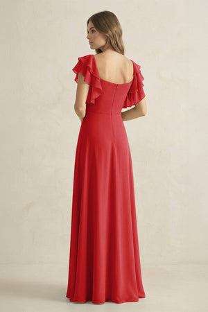 Ruffled Sleeves A-Line Chiffon Bridesmaid Dress in Ruby Red - KISS BRIDAL BRIDESMAID DRESSES