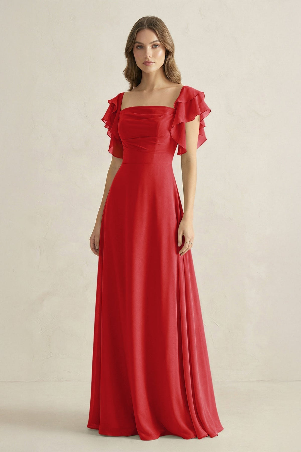 Ruffled Sleeves A-Line Chiffon Bridesmaid Dress in Ruby Red