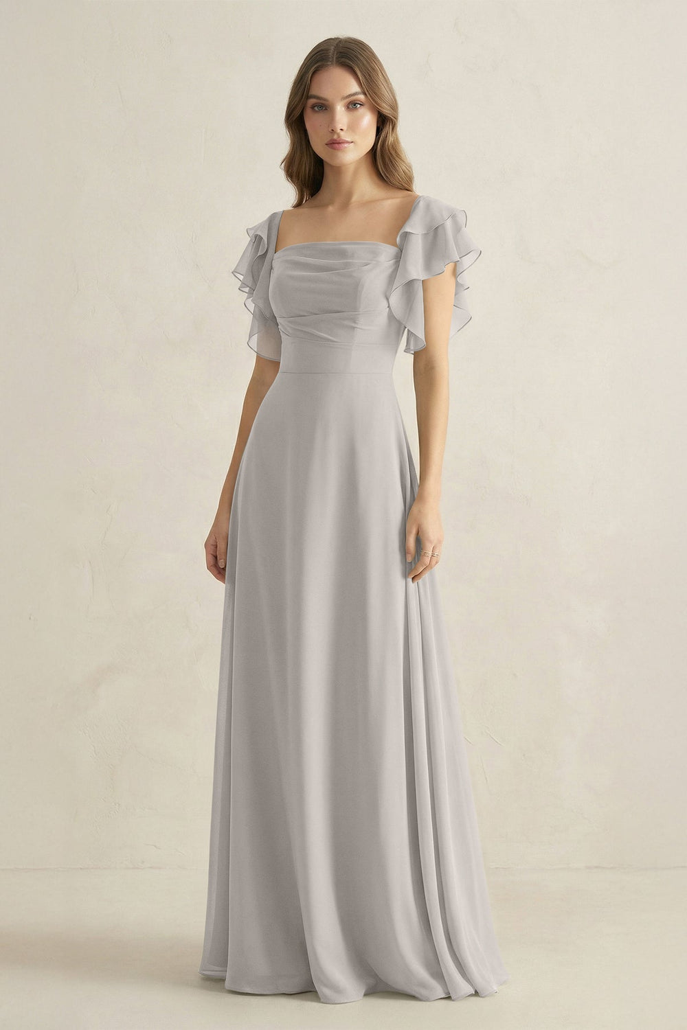 Ruffled Sleeves A-Line Chiffon Bridesmaid Dress in Silver