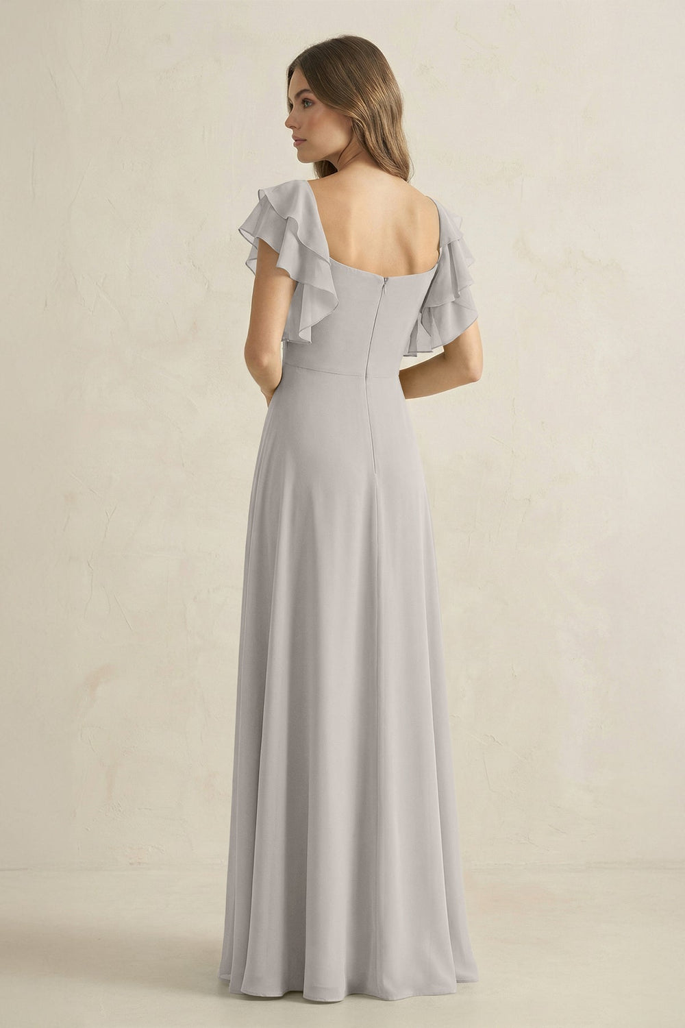 Ruffled Sleeves A-Line Chiffon Bridesmaid Dress in Silver