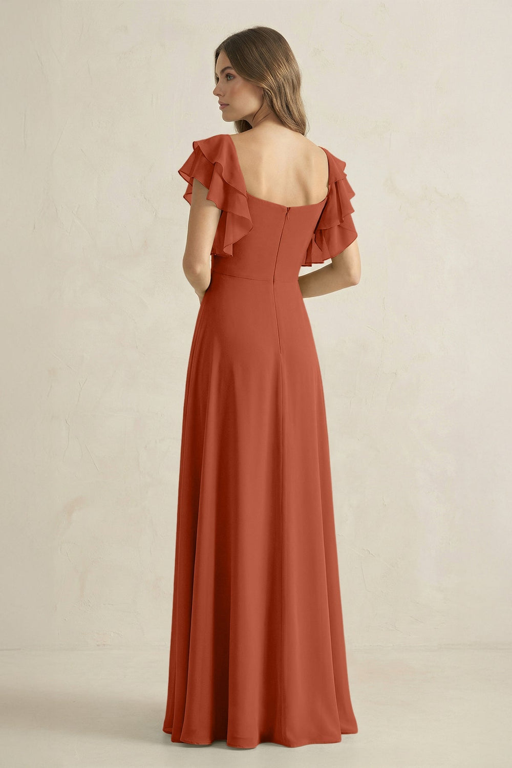 Ruffled Sleeves A-Line Chiffon Bridesmaid Dress in Spice
