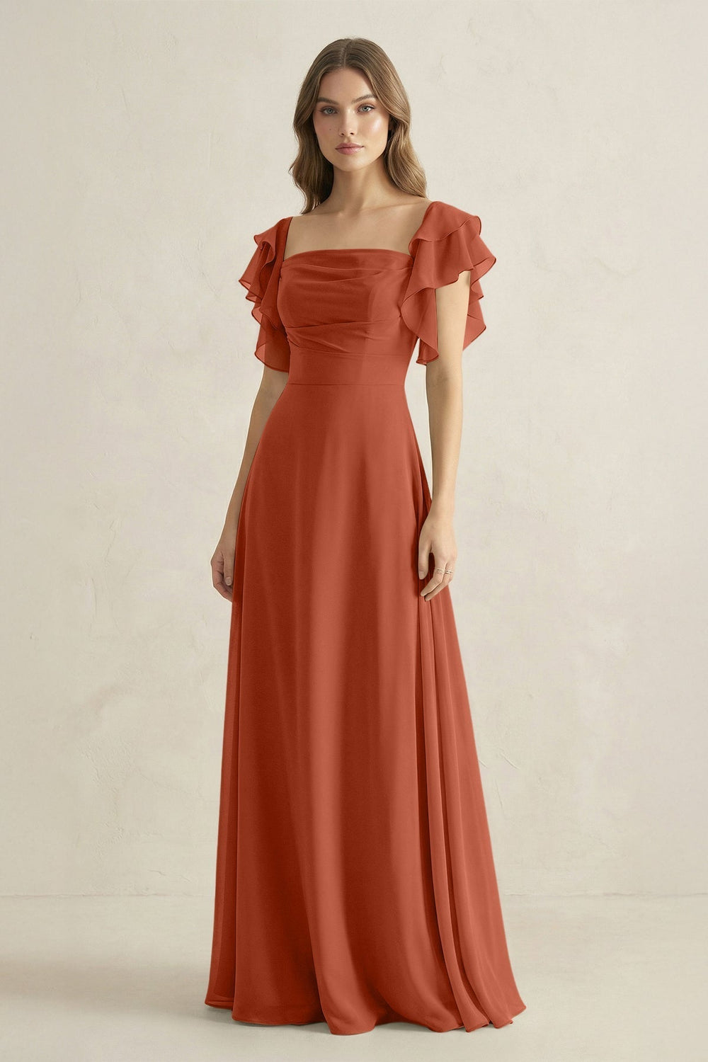 Ruffled Sleeves A-Line Chiffon Bridesmaid Dress in Spice