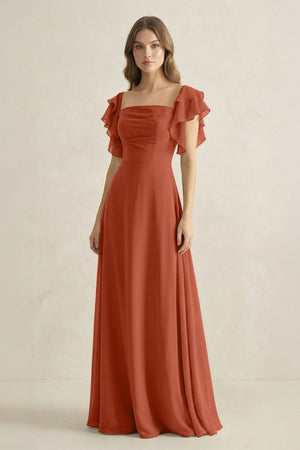 Ruffled Sleeves A-Line Chiffon Bridesmaid Dress in Spice - KISS BRIDAL BRIDESMAID DRESSES