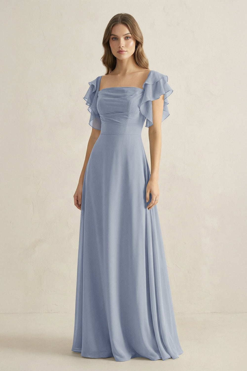 Ruffled Sleeves A-Line Chiffon Bridesmaid Dress in Twilight