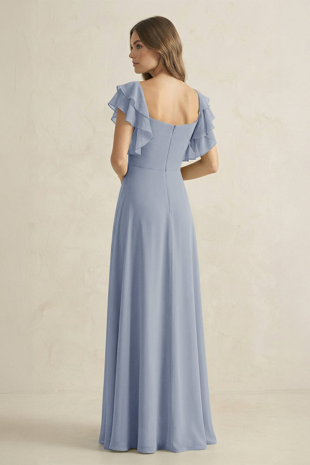 Ruffled Sleeves A-Line Chiffon Bridesmaid Dress in Twilight